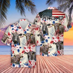 Wagyu Pattern Us Flag Trendy Hawaiian Shirt, Farm Cow Trendy Hawaiian Shirt For Men And Women