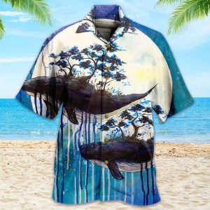 Whale Couple Moon Blue Trendy Hawaiian Shirt 3D Summer Gifts
