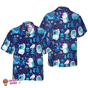 White Bigfoot Winter Forrest Bigfoot Hawaiian Shirt, Snow Owl And Tree Bigfoot Shirt For Men