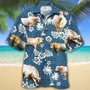 White Charolais Cattle Lovers Blue Tribal Trendy Hawaiian Shirt, Cow Trendy Hawaiian Shirt For Summer Gifts