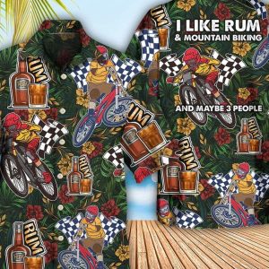 Wine I Like Rum And Mountain Biking, Tropical Beach Shirt Button Down Shirt, Funny Trendy Hawaiian Shirt, Best Gifts For Men, Hawaiian Set Gift.