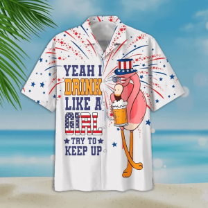 Yeah I Drink Like A Girl Charming Flamingo And Beer White Theme Trendy Hawaiian Shirt